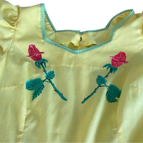 Vintage Square Dance Dress Hand Painted Roses RicRac Ruffles Yellow - Picture 3 of 6